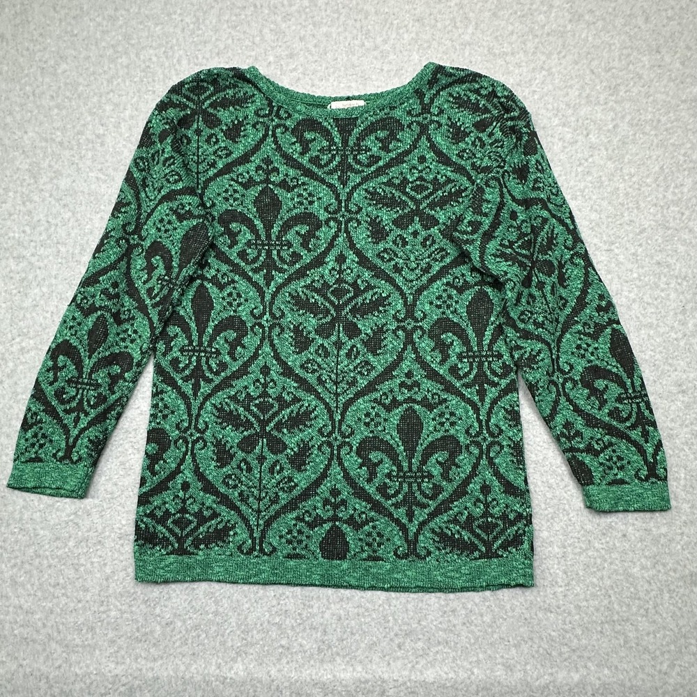 Vintage Beldoch Popper Sweater Womens Medium‎ Green Black Knit Pullover USA 80s
